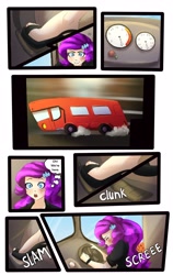 Size: 2400x3800 | Tagged: safe, artist:sjmarts, rarity, human, equestria girls, g4, braking, bus, clothes, comic, comic page, crossover, driving, high heels, high res, humanized, pedal, road rage, seat, shoes, solo, spice girls, spice world, steering wheel, stiletto heels