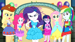 Size: 3410x1920 | Tagged: safe, screencap, applejack, fluttershy, pinkie pie, rainbow dash, rarity, twilight sparkle, a photo booth story, eqg summertime shorts, equestria girls, g4, angry, arm behind back, balloon, bare shoulders, belt, boots, bracelet, clothes, cowboy hat, cutie mark on clothes, fall formal outfits, female, flower, hairpin, hat, high res, humane five, humane six, jewelry, legs together, open mouth, rose, shoes, sleeveless, strapless, twilight ball dress