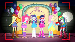 Size: 3410x1920 | Tagged: safe, screencap, applejack, fluttershy, pinkie pie, rainbow dash, rarity, twilight sparkle, a photo booth story, equestria girls, g4, my little pony equestria girls: summertime shorts, armpits, balloon, bare shoulders, belt, boots, bracelet, camera shot, clothes, cutie mark on clothes, eyes closed, fall formal outfits, female, hairpin, high res, humane five, humane six, jewelry, open mouth, open smile, shoes, sleeveless, smiling, strapless, twilight ball dress