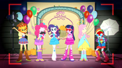 Size: 3410x1920 | Tagged: safe, screencap, applejack, fluttershy, pinkie pie, rainbow dash, rarity, twilight sparkle, a photo booth story, equestria girls, g4, my little pony equestria girls: summertime shorts, armpits, balloon, bare shoulders, belt, boots, bracelet, camera shot, clothes, cowboy hat, crossed arms, cutie mark on clothes, eyes closed, fall formal outfits, female, hairpin, hat, high res, humane five, humane six, jewelry, shoes, sleeveless, smiling, strapless, twilight ball dress