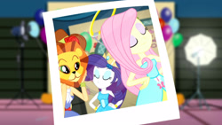 Size: 3410x1920 | Tagged: safe, screencap, applejack, fluttershy, rarity, a photo booth story, eqg summertime shorts, equestria girls, g4, balloon, bare shoulders, bracelet, eyes closed, fall formal outfits, female, hairpin, hand on hip, high res, jewelry, sleeveless, smiling, strapless, trio