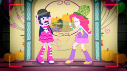 Size: 3410x1920 | Tagged: safe, screencap, pinkie pie, twilight sparkle, a photo booth story, eqg summertime shorts, equestria girls, g4, armpits, balloon, bare shoulders, boots, camera shot, cute, diapinkes, duo, duo female, eyes closed, fake moustache, fall formal outfits, female, grin, high res, magnifying glass, shoes, sleeveless, smiling, strapless, twilight ball dress
