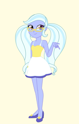 Size: 1625x2561 | Tagged: safe, artist:theshadamyartisto10, sugarcoat, equestria girls, g4, alternate clothes, alternate hairstyle, bare shoulders, clothes, cute, dress, glasses, high heels, legs, looking at you, meganekko, pigtails, shoes, simple background, sleeveless, solo, sugarcute, twintails