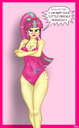 Size: 1024x1651 | Tagged: safe, artist:lennondash, sour sweet, equestria girls, g4, adorasexy, angry, blushing, boob freckles, breasts, busty sour sweet, chest freckles, cleavage, clothes, crossed arms, curvy, cute, cutie mark on clothes, cutie mark swimsuit, embarrassed, eyelashes, eyeshadow, female, freckles, frown, hair tie, hip freckles, leg freckles, legs, legs together, looking at you, madorable, makeup, one-piece swimsuit, ponytail, sexy, shoulder freckles, solo, sourbetes, sourdere, speech bubble, swimsuit, talking to viewer, thigh gap, thighs, tsundere, wide hips, yelling
