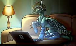 Size: 2800x1689 | Tagged: safe, artist:system-destroyer, artist:technodjent, oc, oc only, oc:inex code, pegasus, pony, clothes, colored wings, computer, couch, kneesocks, lamp, laptop computer, male, socks, solo, stallion, striped socks, tail, two toned mane, two toned tail, two toned wings, wings