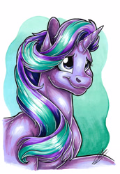 Size: 2417x3506 | Tagged: safe, artist:lupiarts, starlight glimmer, pony, unicorn, g4, bust, commission, female, high res, portrait, shiny, simple background, solo, traditional art, white background