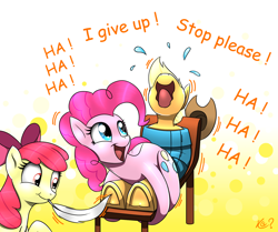 Size: 1898x1584 | Tagged: safe, artist:questionmarkdragon, apple bloom, applejack, pinkie pie, earth pony, pony, g4, applejack's hat, bondage, chair, cowboy hat, cute, feather, female, filly, foal, hat, hoof tickling, laughing, mare, mouth hold, open mouth, open smile, restrained, smiling, text, tickle torture, tickling, underhoof, volumetric mouth
