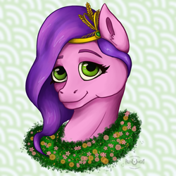 Size: 2755x2755 | Tagged: safe, artist:palettenight, pipp petals, pegasus, pony, g5, my little pony: a new generation, bust, crown, cute, flower, flower in hair, high res, jewelry, looking at you, portrait, princess, regalia, smiling, smiling at you, solo, spring, wreath