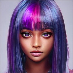 Size: 512x512 | Tagged: safe, editor:diameltzowo, twilight sparkle, human, g4, bust, dark skin, eyebrows down, female, humanized, looking up, portrait, purple eyes, realistic, simple background, solo