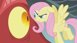 Size: 1280x720 | Tagged: safe, screencap, basil, fluttershy, dragon, pegasus, pony, dragonshy, g4, season 1, angry, badass, duo, eye contact, female, flutterbadass, looking at each other, looking at someone, male, mare, narrowed eyes, stare, the stare