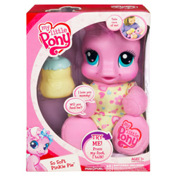 Size: 400x400 | Tagged: safe, photographer:absol, pinkie pie (g3), earth pony, human, pony, g3, g3.5, newborn cuties, official, baby, baby bottle, baby pie (g3), baby pony, bottle, box, clothes, cute, electronic toy, female, filly, foal, g3 diapinkes, heart, heart eyes, human female, my little pony logo, shirt, short sleeves, simple background, so soft, so soft pinkie pie, toy, white background, wingding eyes
