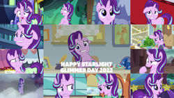 Size: 1280x721 | Tagged: safe, edit, edited screencap, editor:quoterific, screencap, phyllis, starlight glimmer, changeling, pony, unicorn, a horse shoe-in, a royal problem, all bottled up, celestial advice, g4, no second prances, road to friendship, rock solid friendship, season 6, season 7, season 8, season 9, student counsel, the crystalling, the parent map, the times they are a changeling, to where and back again, bag, cute, female, floppy ears, glimmerbetes, lip bite, magic, mare, nervous laugh, open mouth, open smile, saddle bag, school of friendship, shrunken pupils, smiling, starlight glimmer day, starlight's office, telekinesis, text, train, twilight's castle
