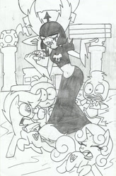 Size: 1024x1561 | Tagged: safe, artist:rogelis, scootaloo, sweetie belle, g4, annoyed, crossover, ducktales 2017, food, lord dominator, pizza, traditional art, unamused, wander over yonder, wreck-it ralph