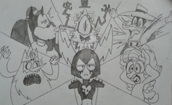 Size: 1024x627 | Tagged: safe, artist:rogelis, cozy glow, g4, adventure time, bill cipher, crossover, freaking out, gravity falls, ice king, lord dominator, male, traditional art, wander over yonder, wreck-it ralph