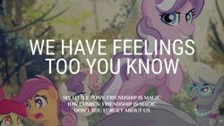 Size: 1280x720 | Tagged: safe, edit, editor:quoterific, idw, apple bloom, diamond tiara, scootaloo, silver spoon, sweetie belle, earth pony, pegasus, pony, unicorn, g4, apple bloom's bow, bow, cutie mark crusaders, don't you forget about us, female, filly, foal, hair bow, open mouth, open smile, smiling, text