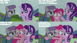 Size: 1280x720 | Tagged: safe, edit, edited screencap, editor:quoterific, screencap, maud pie, pinkie pie, starlight glimmer, earth pony, pony, unicorn, rock solid friendship, season 7, bag, bipedal, female, floppy ears, grin, mare, open mouth, open smile, saddle bag, smiling, text, trio