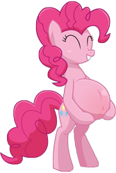 Size: 5400x8100 | Tagged: safe, artist:xniclord789x, pinkie pie, earth pony, pony, g4, belly, belly button, big belly, bipedal, cute, diapinkes, eyes closed, female, grin, happy, hoof on belly, mare, outie belly button, preggy pie, pregnant, simple background, smiling, solo, standing on two hooves, transparent background
