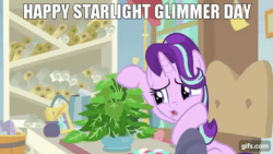 Size: 640x360 | Tagged: safe, edit, edited screencap, editor:quoterific, screencap, phyllis, starlight glimmer, pony, unicorn, a horse shoe-in, g4, season 9, animated, female, gif, gifs.com, impact font, mare, open mouth, school of friendship, starlight glimmer day, starlight's office, text