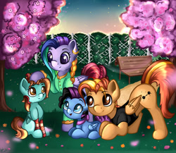 Size: 1280x1110 | Tagged: safe, artist:appleneedle, pegasus, pony, cherry blossoms, commission, family, female, filly, flower, flower blossom, foal, garden, love, nature, park