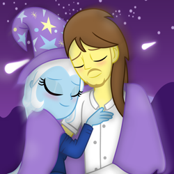 Size: 1920x1920 | Tagged: safe, artist:grapefruit-face, trixie, oc, oc:grapefruit face, equestria girls, g4, blushing, canon x oc, cape, clothes, duo, eyes closed, fall formal outfits, female, glowing, grapexie, hat, hug, male, motion blur, outdoors, shipping, shooting star, show accurate, straight, trixie's cape, trixie's hat, wrapped up