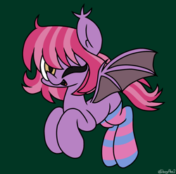Size: 2374x2344 | Tagged: safe, artist:derpyalex2, oc, oc only, bat pony, pony, clothes, flying, high res, looking at you, one eye closed, socks, solo, wink, winking at you