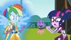 Size: 3410x1920 | Tagged: safe, screencap, rainbow dash, sci-twi, twilight sparkle, equestria girls, g4, my little pony equestria girls: friendship games, duo, duo female, female, glasses, high res, magic, magic capture device, open mouth, ponied up, shrunken pupils, spread wings, wings