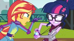 Size: 3410x1920 | Tagged: safe, screencap, sci-twi, sunset shimmer, twilight sparkle, equestria girls, g4, my little pony equestria girls: friendship games, duo, duo female, female, glasses, high res, magic capture device, open mouth, pointing