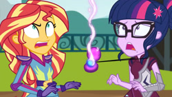 Size: 3410x1920 | Tagged: safe, screencap, sci-twi, sunset shimmer, twilight sparkle, equestria girls, g4, my little pony equestria girls: friendship games, duo, duo female, female, glasses, high res, magic capture device, open mouth, shrunken pupils
