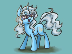 Size: 2048x1536 | Tagged: safe, artist:catscratchpaper, oc, oc only, oc:silver lining, pony, unicorn, blue background, female, glasses, horn, open mouth, simple background, solo, unicorn oc