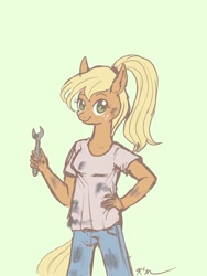 Size: 1536x2048 | Tagged: safe, artist:catscratchpaper, oc, oc only, unicorn, anthro, anthro oc, clothes, female, horn, mechanic, simple background, solo, unicorn oc, wrench