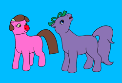 Size: 753x513 | Tagged: safe, artist:mlpfanboy579, earth pony, pony, g1, blue background, blue eyes, brown hair, brown mane, brown tail, duo, female, frown, full body, green eyes, hair ribbon, hairclip, hooves, little miss, little miss naughty, little miss wise, mare, mr. men, mr. men and little miss, mr. men little miss, open mouth, open smile, ponified, purple tail, red nosed, ribbon, simple background, smiling, tail