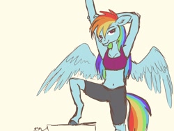 Size: 2048x1536 | Tagged: safe, artist:catscratchpaper, rainbow dash, pegasus, anthro, unguligrade anthro, g4, clothes, female, midriff, simple background, solo, sports bra, spread wings, stretching, wings