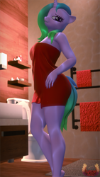 Size: 4320x7680 | Tagged: safe, artist:loveslove, oc, oc only, oc:fiona mahri, unicorn, anthro, plantigrade anthro, 3d, absurd file size, absurd resolution, breasts, candle, female, gradient mane, gradient tail, horn, looking at you, naked towel, smiling, smiling at you, solo, source filmmaker, tail, towel, unicorn oc