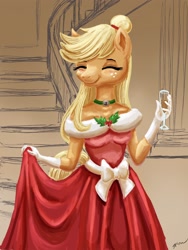 Size: 1536x2048 | Tagged: safe, artist:catscratchpaper, applejack, earth pony, anthro, g4, applejack also dresses in style, bell, bell collar, christmas, clothes, collar, dress, eyes closed, female, glass, gown, holiday, holly, smiling, solo, wine glass