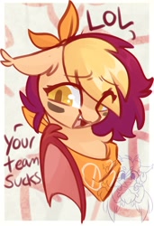 Size: 852x1246 | Tagged: safe, artist:drawtheuniverse, oc, oc only, oc:pep rally, bat pony, pony, abstract background, bandana, bust, cheerleader, dialogue, eye clipping through hair, female, lol, mare, open mouth, open smile, smiling, solo, watermark