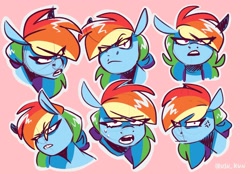 Size: 2048x1423 | Tagged: safe, artist:lrusu, rainbow dash, pony, g4, angry, bust, expressions, eye clipping through hair, female, mare, open mouth, pink background, portrait, simple background