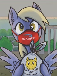 Size: 1536x2048 | Tagged: safe, artist:catscratchpaper, derpy hooves, pegasus, pony, g4, bag, coronavirus, covid-19, cute, delivery, derp, derpabetes, doordash, ear fluff, female, food, helpful, hoof hold, looking at you, mare, mask, porch, pun, solo, spread wings, wings