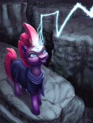Size: 1536x2048 | Tagged: safe, artist:catscratchpaper, tempest shadow, pony, unicorn, g4, broken horn, female, horn, lightning, magic, open mouth, solo