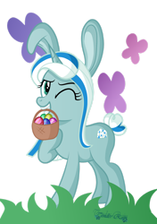 Size: 1280x1820 | Tagged: safe, artist:tenderrain-art, oc, oc only, oc:tender rain, pony, unicorn, basket, bunny ears, easter egg, female, grass, hoof on chest, hooves, horn, mare, mouth hold, one eye closed, shading, signature, simple background, smiling, solo, standing, tail, transparent background, two toned mane, two toned tail, unicorn oc, wink
