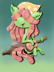 Size: 1536x2048 | Tagged: safe, artist:catscratchpaper, tree hugger, earth pony, pony, g4, bandana, female, gradient background, guitar, hair over eyes, mare, musical instrument, open mouth, singing, solo, tree stump