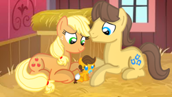 Size: 1280x720 | Tagged: safe, artist:mlplary6, applejack, caramel, oc, oc:apple sweet, earth pony, pony, g4, baby, daddy caramel, family, female, filly, foal, husband and wife, male, mama applejack, mare, offspring, parent:applejack, parent:caramel, parents:carajack, ship:carajack, shipping, smiling, stallion, straight, trio