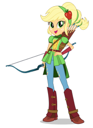 Size: 1400x1922 | Tagged: dead source, safe, applejack, equestria girls, g4, my little pony equestria girls: friendship games, official, alternate hairstyle, archery, arrow, boots, bow (weapon), bow and arrow, clothes, female, freckles, hand on hip, looking at you, open mouth, quiver, school spirit, shoes, simple background, solo, transparent background, vector, weapon, wondercolts