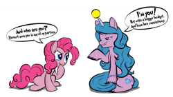 Size: 1192x670 | Tagged: safe, artist:dan232323, izzy moonbow, pinkie pie, earth pony, pony, unicorn, g4, g5, ball, duo, female, horn, hornball, izzy and her heroine, izzy's tennis ball, mare, meta, simple background, speech bubble, tennis ball, the new pinkie pie, unshorn fetlocks, white background
