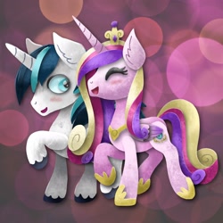 Size: 2048x2048 | Tagged: safe, artist:catscratchpaper, princess cadance, shining armor, alicorn, pony, unicorn, g4, blushing, crown, duo, eyes closed, female, high res, jewelry, male, mare, married couple, open mouth, raised hoof, regalia, ship:shiningcadance, shipping, smiling, stallion, straight