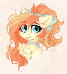 Size: 1800x2000 | Tagged: safe, artist:vird-gi, oc, oc only, oc:sunshine drift, bat pony, pony, bat pony oc, bow, bust, chest fluff, ear fluff, eyebrows, eyebrows visible through hair, fangs, female, hair bow, looking at you, necktie, portrait, signature, simple background, smiling, smiling at you, solo