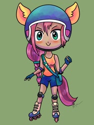 Size: 1536x2048 | Tagged: safe, artist:catscratchpaper, sunny starscout, human, g5, bare shoulders, chibi, clothes, eared humanization, female, green background, helmet, humanized, roller blads, shorts, simple background, sleeveless, solo, tank top