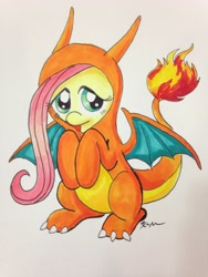 Size: 1536x2048 | Tagged: safe, artist:catscratchpaper, fluttershy, charizard, pony, g4, clothes, costume, cute, female, pokémon, shyabetes, solo, traditional art