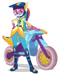 Size: 1400x1708 | Tagged: dead source, safe, rainbow dash, equestria girls, g4, my little pony equestria girls: friendship games, official, boots, clothes, female, gloves, hand on hip, helmet, looking at you, motocross outfit, motorcross, motorcycle, motorcycle helmet, shoes, simple background, solo, transparent background, vector, visor, wondercolts