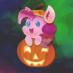 Size: 2048x2048 | Tagged: safe, artist:catscratchpaper, pinkie pie, earth pony, pony, g4, chibi, female, halloween, high res, holiday, jack-o-lantern, pumpkin, solo