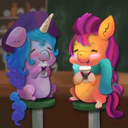 Size: 2048x2048 | Tagged: safe, artist:catscratchpaper, izzy moonbow, sunny starscout, earth pony, pony, unicorn, g5, chibi, clothes, coffee, cute, duo, female, hat, high res, izzybetes, scarf, sunnybetes